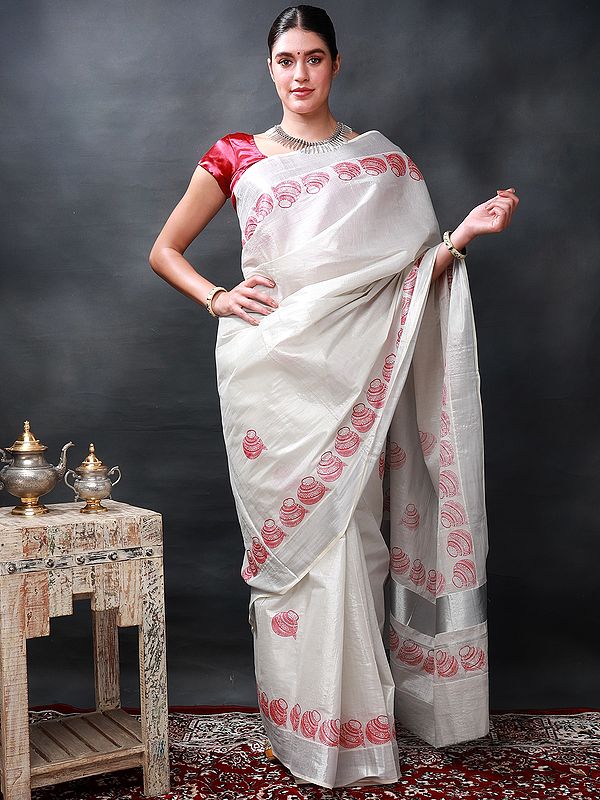 Star-White Kasavu Saree from Kerala with Printed Auspicious Pots