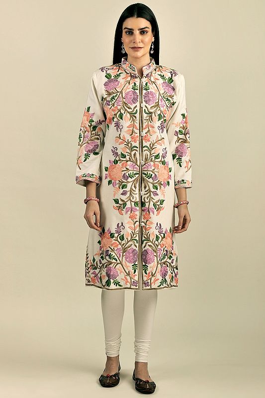 Snow-White Long Jacket from Kashmir with Aari Embroidered Flowers All-Over