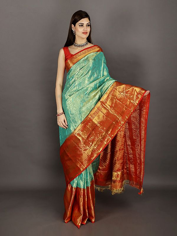 Neptune-Green and Red Handloom Pure Silk Kanjivaram Sari from Tamil Nadu with Wide Brocaded Border