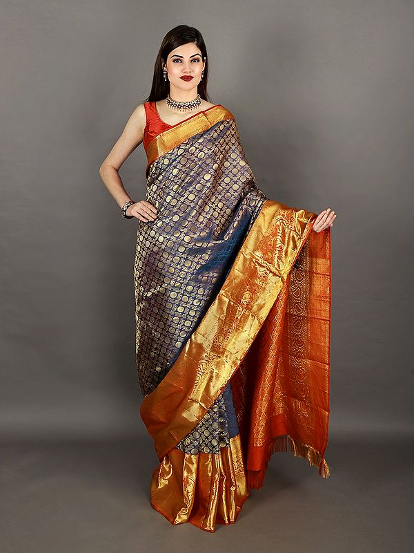 Deep-Dive And Red Handloom Pure-Silk Kanjivaram Saree from Tamil Nadu with Paisleys On Border and Booties All-Over