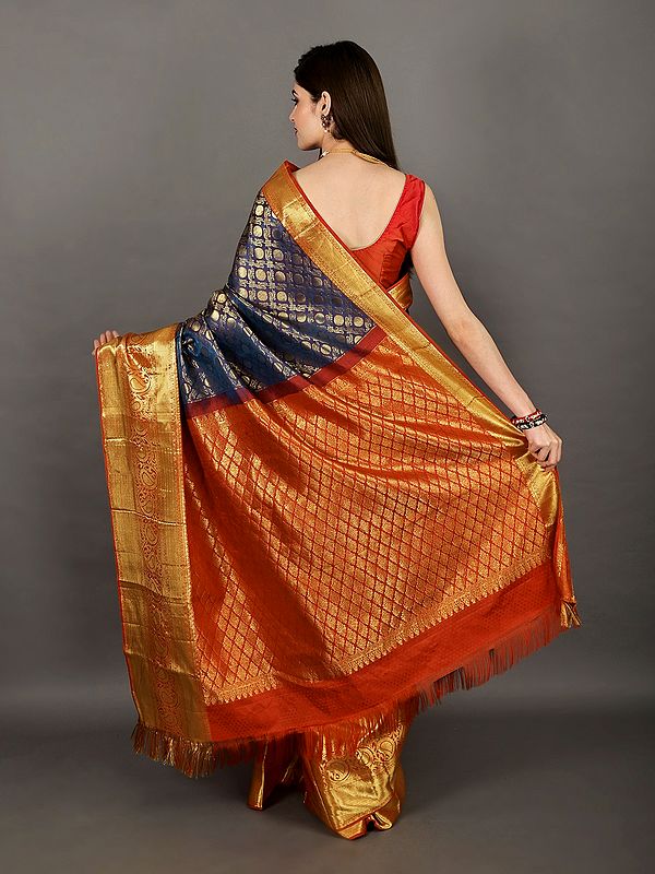 Deep-Dive And Red Handloom Pure-Silk Kanjivaram Saree from Tamil Nadu ...