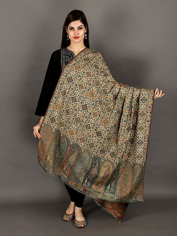 Woolen Jamawar Shawl from Amritsar with Woven Giant Paisleys and Flowers