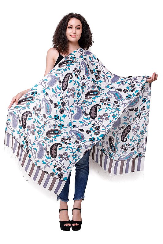 Bright-White Digital Print Stole from Amritsar with Paisleys