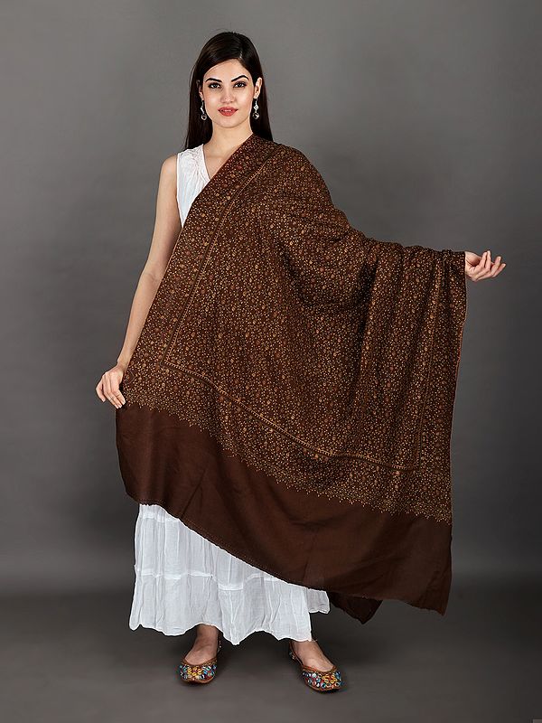 Rocky-Road Tusha Shawl from Kashmir with Sozni Hand Embroidered Flowers And Leaves