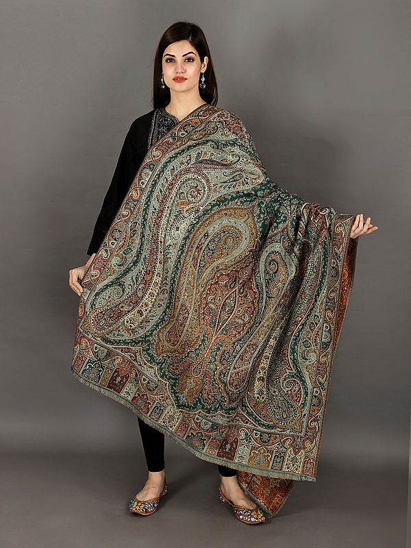 Proud-Peacock Woolen Jamawar Shawl with Woven Paisley and Flower Motif