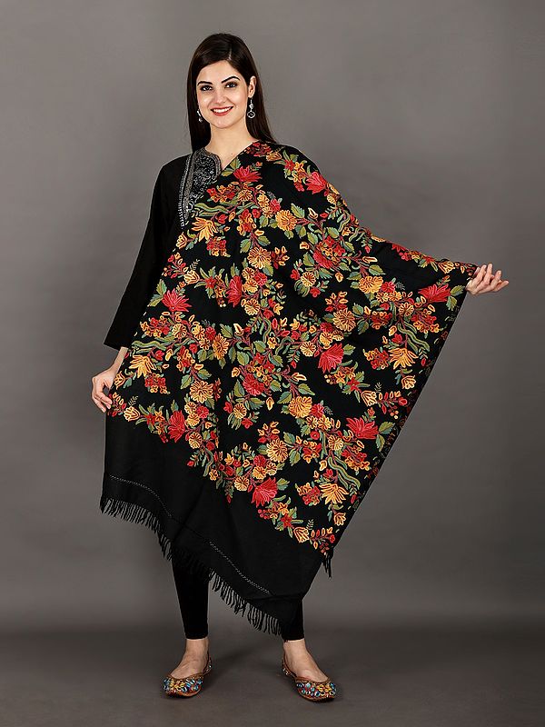 Black-Beauty Kashmiri Stole with Aari-Hand Embroidered Giant Flowers and Leaf
