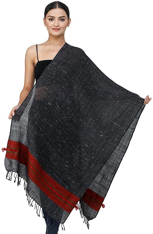 Black-Sand Stole from Kullu with Thread Weave on Border