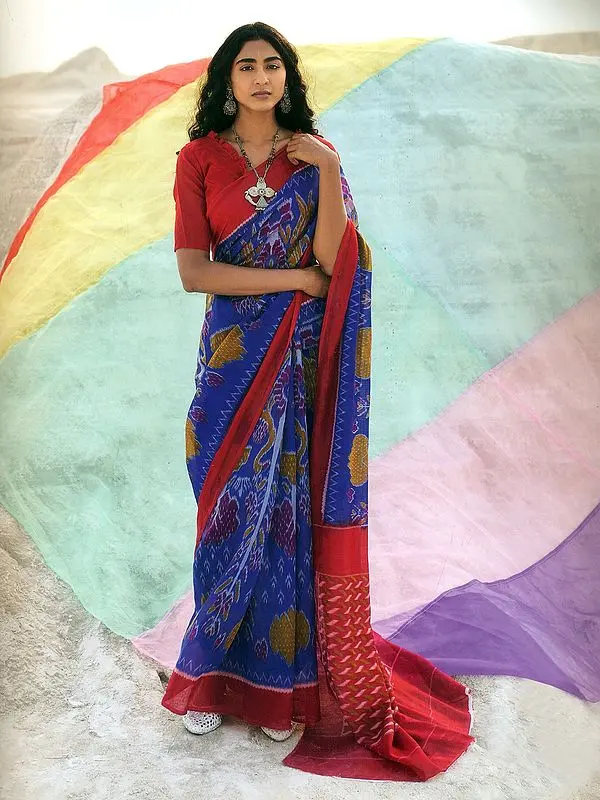 True-Blue Mulmul Cotton Saree With Ikkat Prints