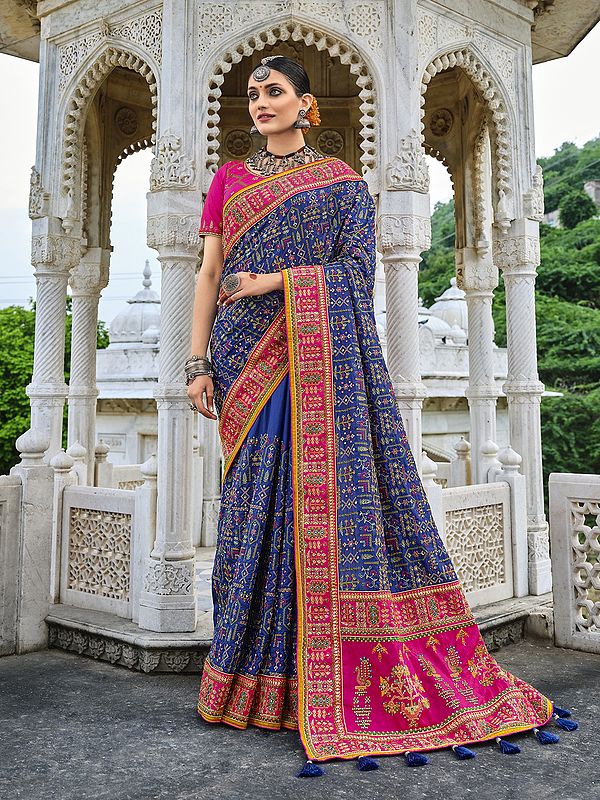 Bellwether-Blue Banarasi Silk Saree With Heavy Beaded Mirror Sequins & Thread Work All-over