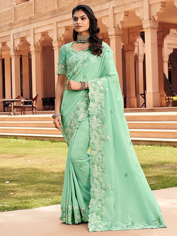 Brooke-Green Designer Silk Saree with Heavy Thread Embroidered Border