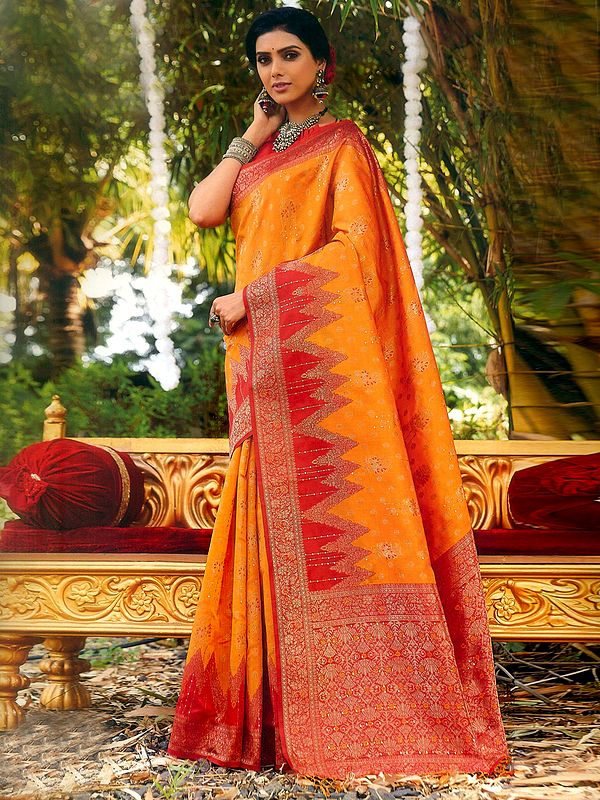 Banarasi Silk Saree with Heavy Zari Weaving and Motifs on Border