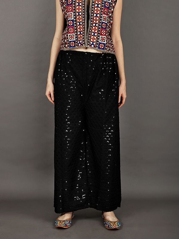 Cotton Lucknowi Palazzo Pants With Chikankari & Sequins & Cutwork Work
