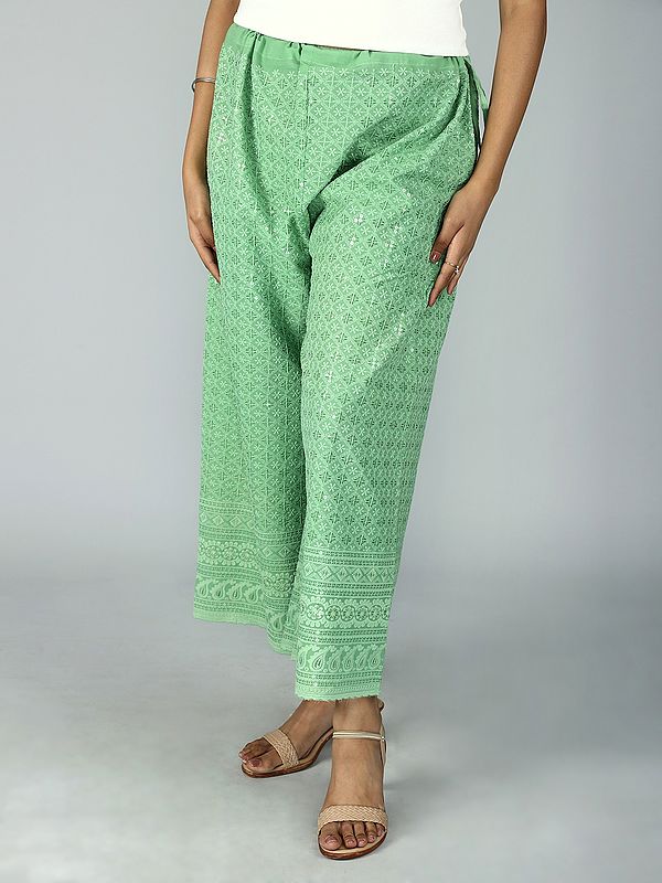 Cotton Lucknowi Palazzo Pants With Chikankari & Sequins & Cutwork Work