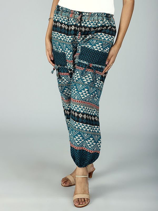 Wool Multicolor Abstract Print Pants With Drawstring