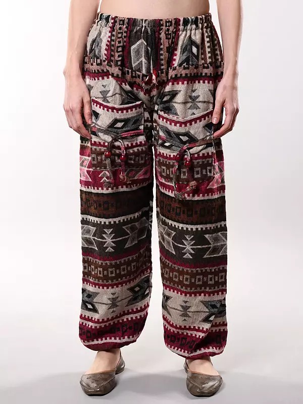 Wool Multicolor Abstract Print Pants with Drawstring