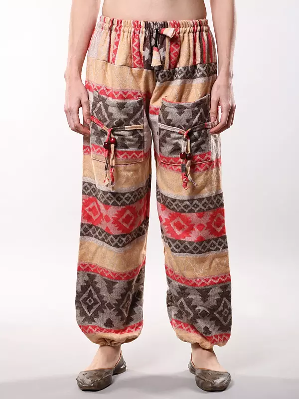 Wool Multicolor Abstract Print Pants with Drawstring