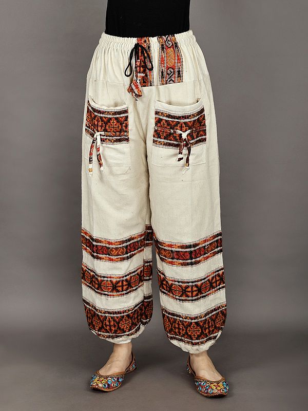 Snow-White Wool Multicolor Abstract Print Pants With Drawstring
