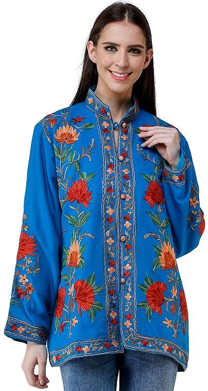 Blue-Jewel Wool Short Jacket From Kashmir With Floral Aari Embroidery