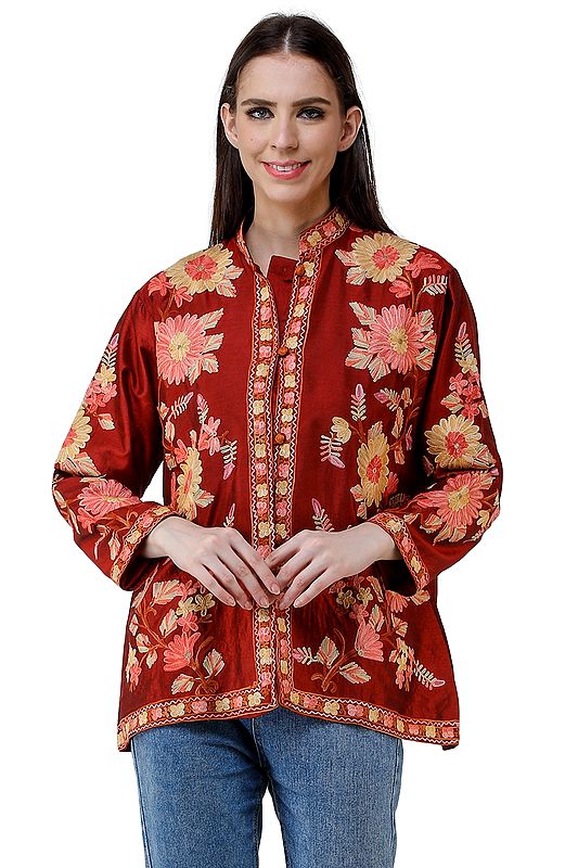 Lava-Falls Silk Jacket from Kashmir with Chain-Stitch Embroidered Big Flowers