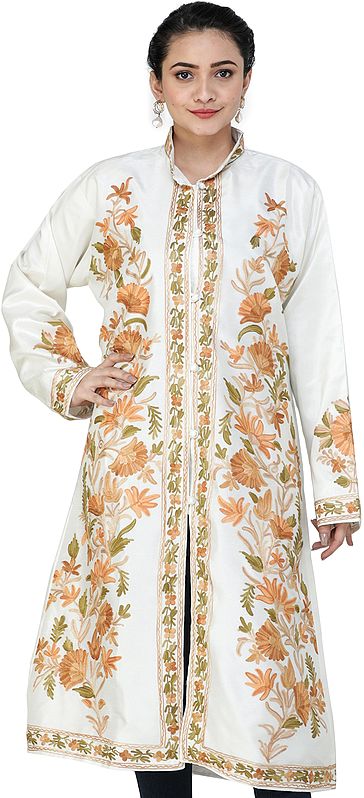 Star-White Long Silk Jacket from Kashmir with Aari-Embroidery