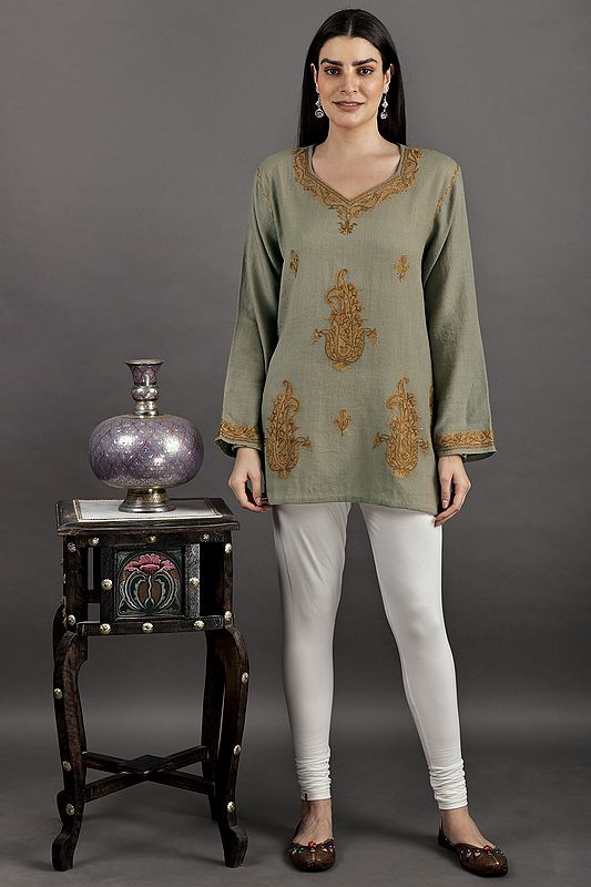 Moon-Rock Short Kurti From Kashmir With Aari Embroidered Paisley