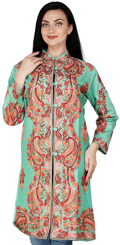 Jade-Cream Long Silk Jacket From Kashmir With Aari-Embroidered Flowers And Paisley