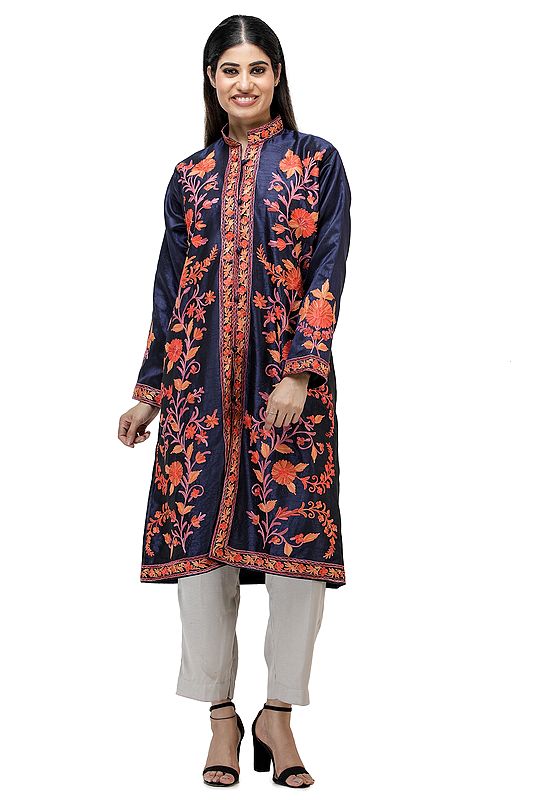 Naval-Academy Long Silk Jacket From Kashmir With Aari-Embroidered Flowers