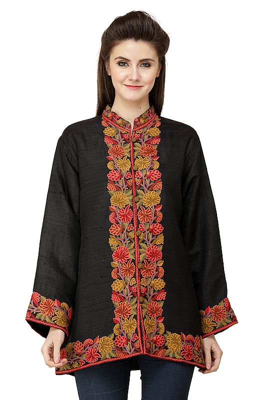Bristol-Black Short Kashmiri Jacket from Kashmir with Hand-Embroidered Multicolor Flowers