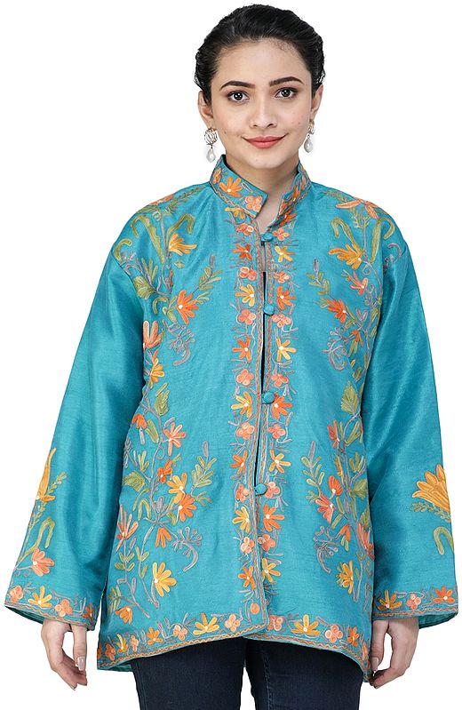 Tile-Blue Silk Short Jacket From Kashmir With Aari Embroidered Flowers All-Over