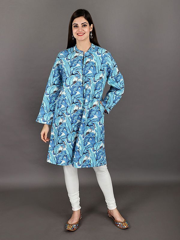 Vivid-Blue Pure-Cotton Block-Print Reversible Quilted Jacket from Jodhpur