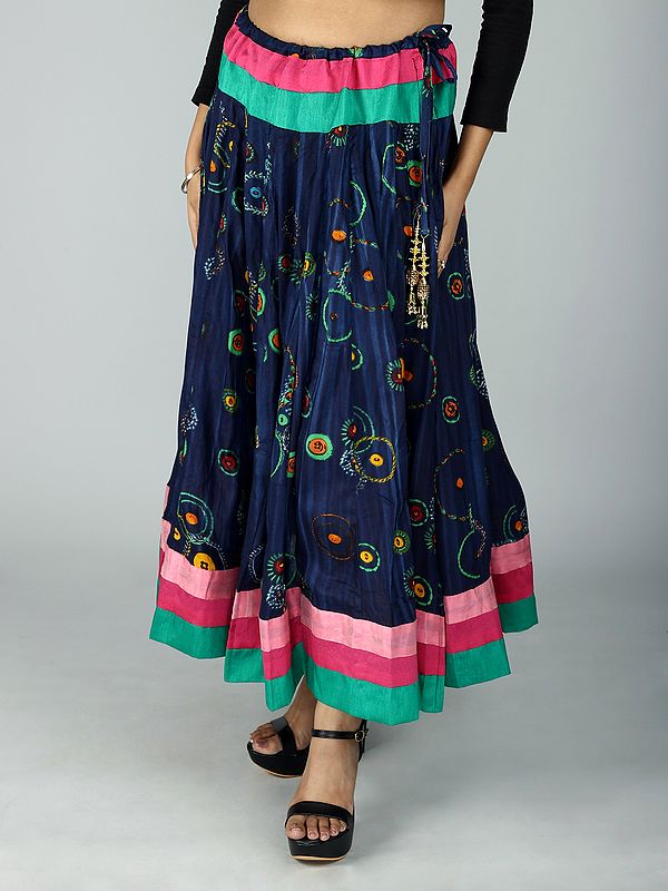 Long Skirt with Digital Printed Circles and Striped Patch Border from ISKCON Vrindavan by BLISS