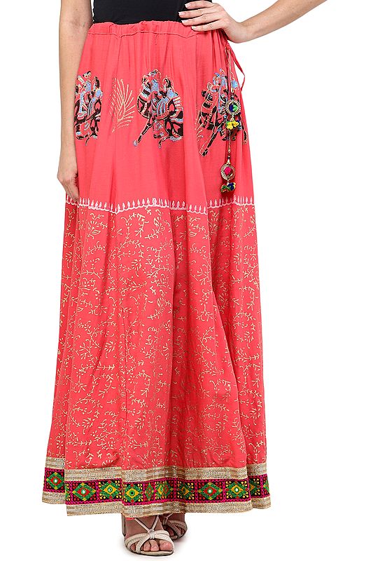 Coral-Paradise Ghagra Skirt from Kutch with Multicolor Thread Embroidered Patch Border and Mirrors