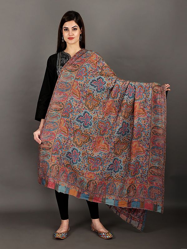 Kani Jamawar Shawl from Amritsar with Multicolour Paisleys on Border and Chinar Leaves All-Over