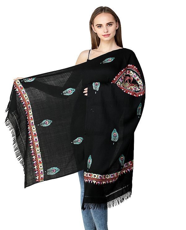 Black-Beauty Wool Stole from Kasmir with Hand-Embroidered Peacock Feathers and Flowers on Border