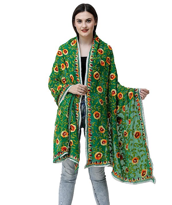 First-Tee Phulkari Dupatta From Punjab With Multicolored Crewel Embroidery