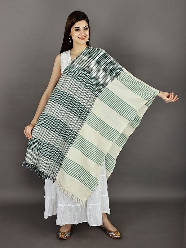 Snow-White Handwoven Pure Wool Stole With Multi-coloured Check Pattern From Uttarakhand (Trishulii - A Community-Owned Producer Company)