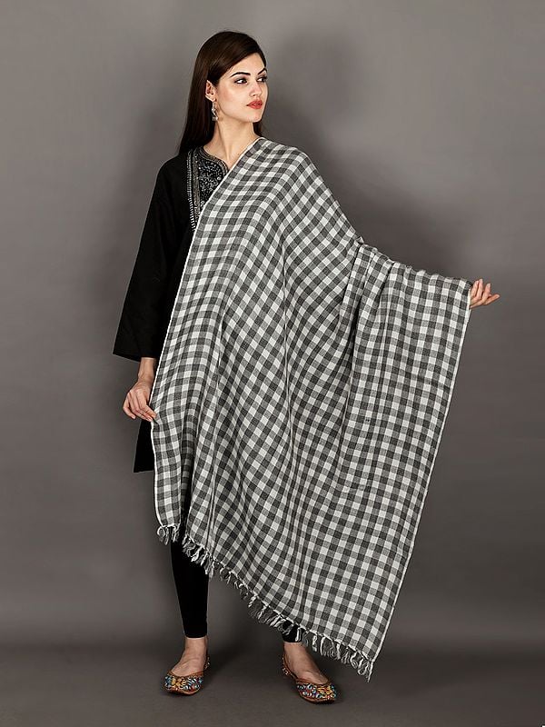 Black and White Check Pattern Handwoven Pure Wool Shawl From Uttarakhand (Trishulii, an Initiative By TATA)