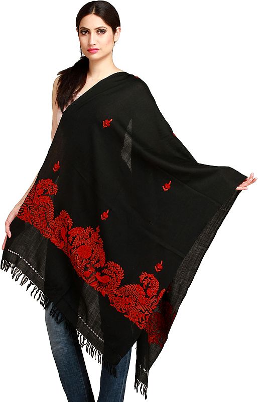 Bristol-Black Plain Stole from Kashmir with Aari-Embroidered Flowers and Leafs on Border