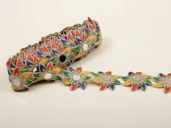 Beige Thread-Embroidered Fabric Border with Mirrors and Stones