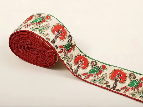 Multicolor Zari and Thread Embroidered Parrot and Tree Fabric Border
