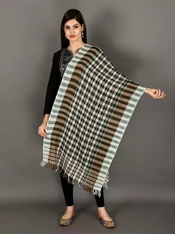 Multicoloured Handwoven Pure Wool Stole With Check Pattern From Uttarakhand (Trishulii - A Community-Owned Producer Company)
