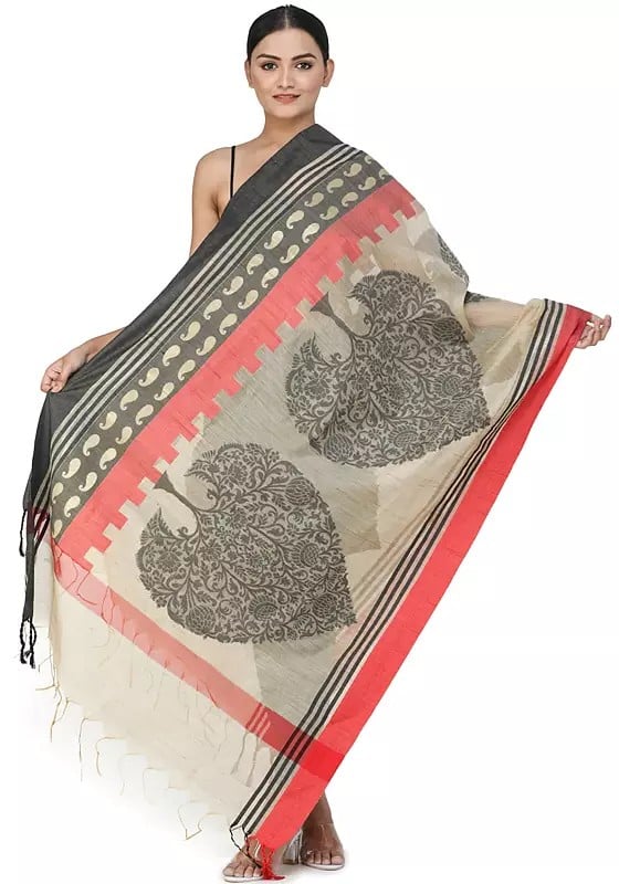 Multi-Color Tussar Silk Dupatta With Paisley And Flower Print From JharKhand