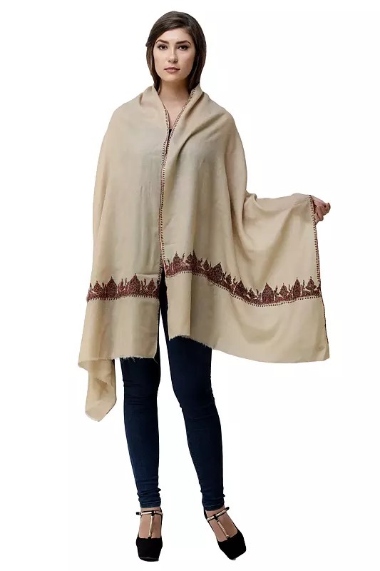 Warm-Sand Plain Wool Stole with Sozni Embroidered Temple on Border