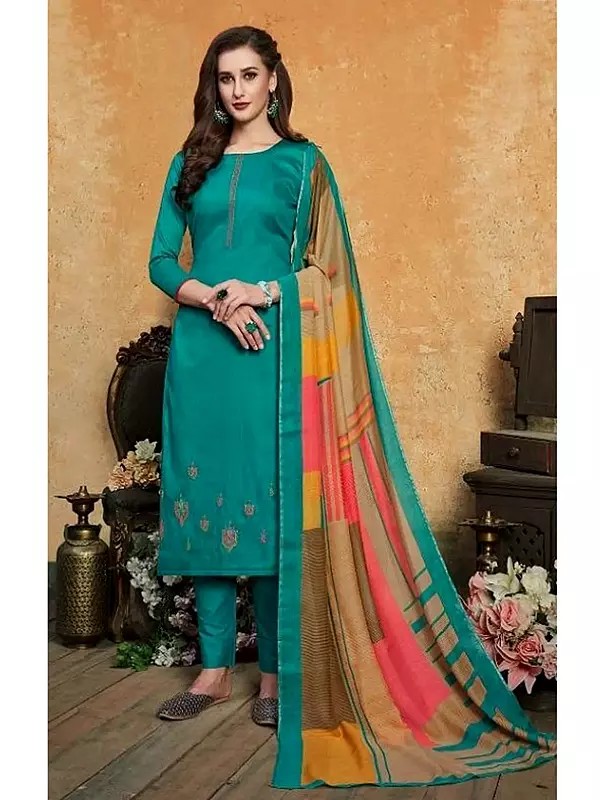 Blue-Grass Pure Original Jam Silk Suit with Embroidered Neck and Sleeves