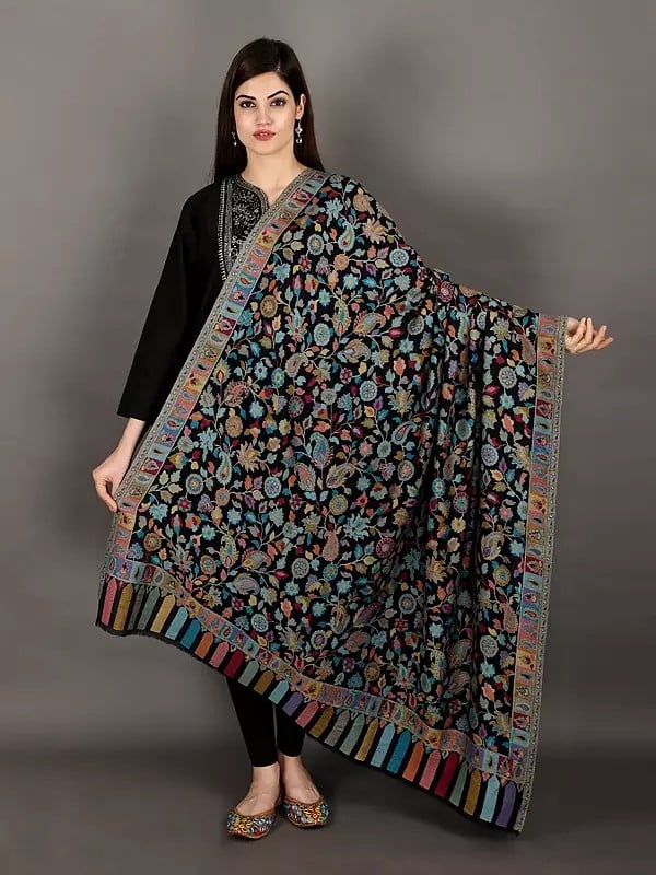 Black-Beauty Cashmere Shawl From Amritsar with Kani Woven Multicolor Flowers and Paisleys