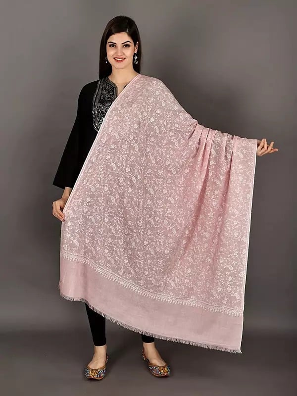 Strawberry-Cream Pure Pashmina Shawl from Kashmir with Sozni Hand-Embroidered Paisleys and Flowers in White Thread