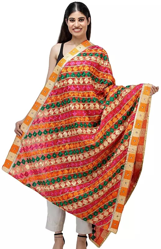Multicolored Traditional Phulkari Dupatta with Heavy Hand Embroidery