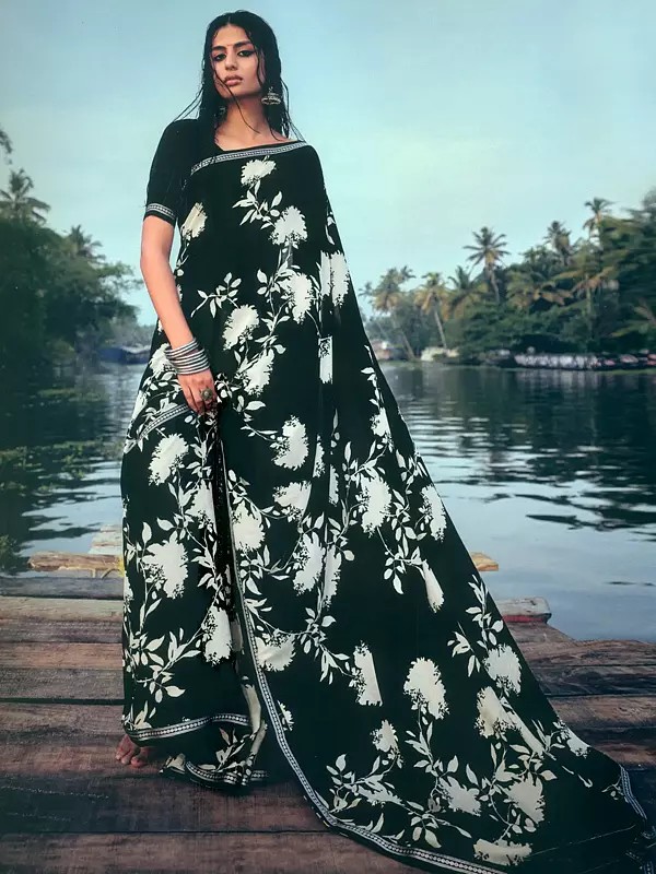Black-Beauty Digital Printed Matka Silk Saree With Silver Embroidered Border
