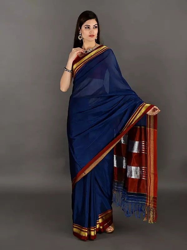 True-Blue Plain Kosa Saree from Bengal with Woven Stripes on Pallu