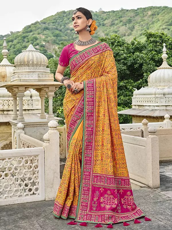 Desert-Sun Banarasi Silk Saree With Heavy Beaded Mirror Sequins & Thread Work All-over